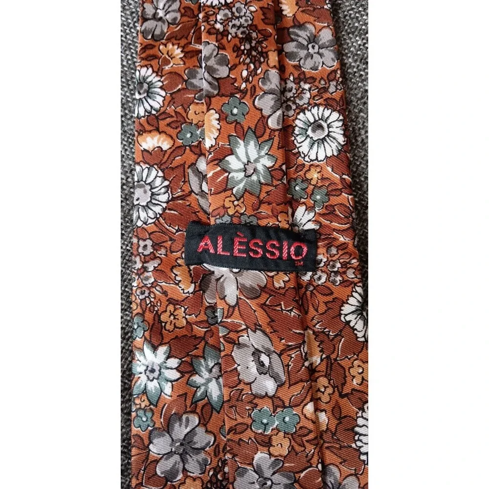Tie 70s 80s 90s Y2K Mens Alessio Silk Brown Gray Floral 3.75 Wide 54 Long